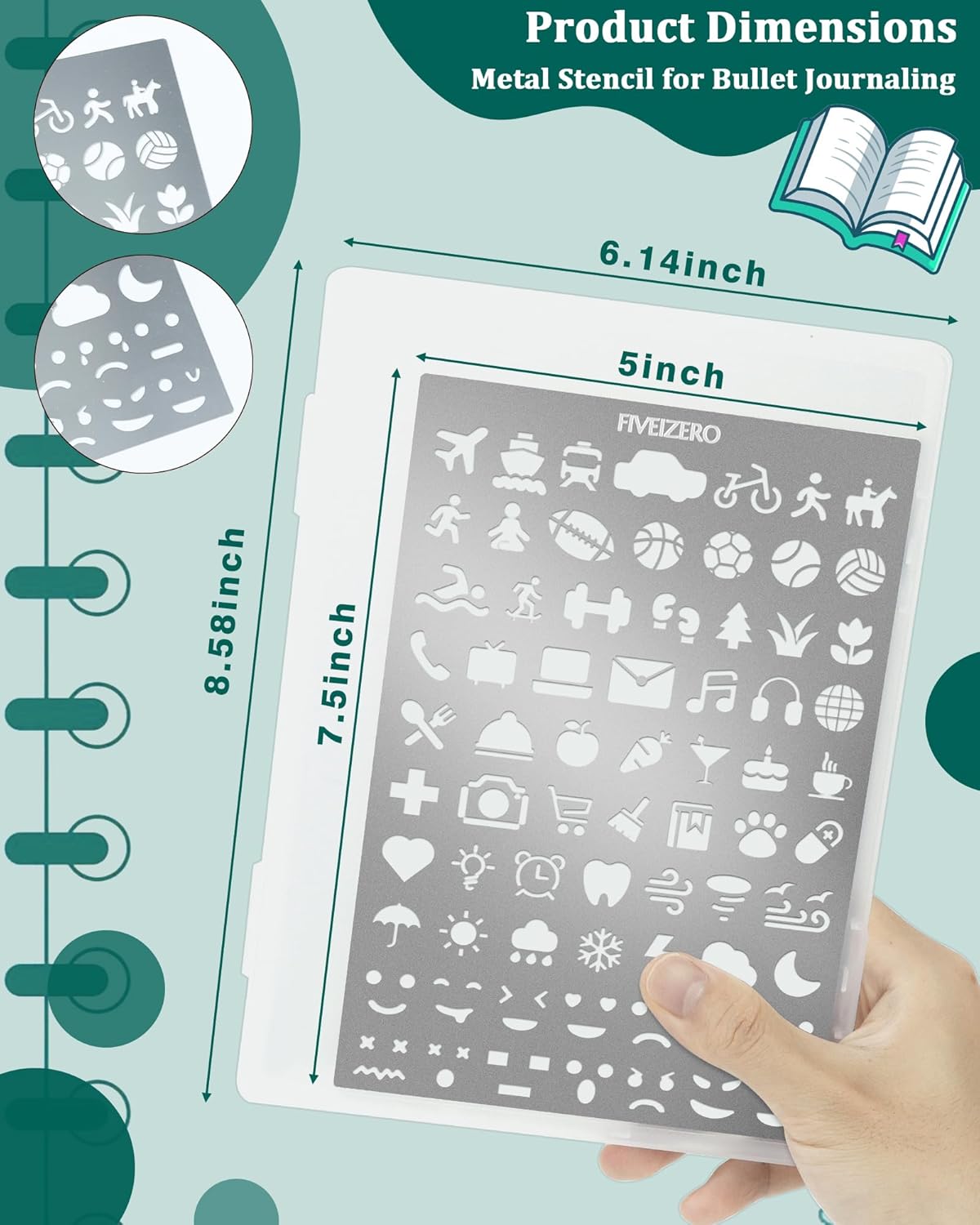 5x7.5 Inch Metal Journal Stencils, Stainless Steel Stencil Bookmark for Bullet Journaling, Reusable Planner Stencils with Faces & Icons for Habit Tracker, Calendar, Diary, Banners, Lists, Scrapbooking