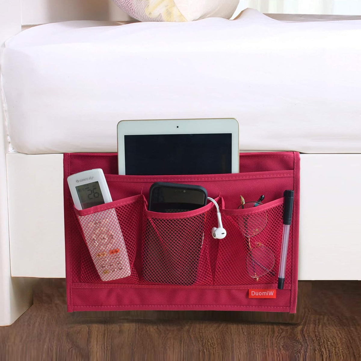Bedside Caddy, Table Cabinet Storage Organizer, 4 Pockets (Grey)