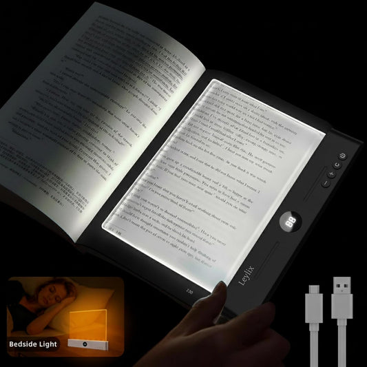 LED Flat Book Light for Reading at Night in Bed, Black | Eye-Caring, 3 Color Temperatures, Stepless Dimmable, USB Rechargeable, Portable Flat Panel Lamp for Kids & Adults
