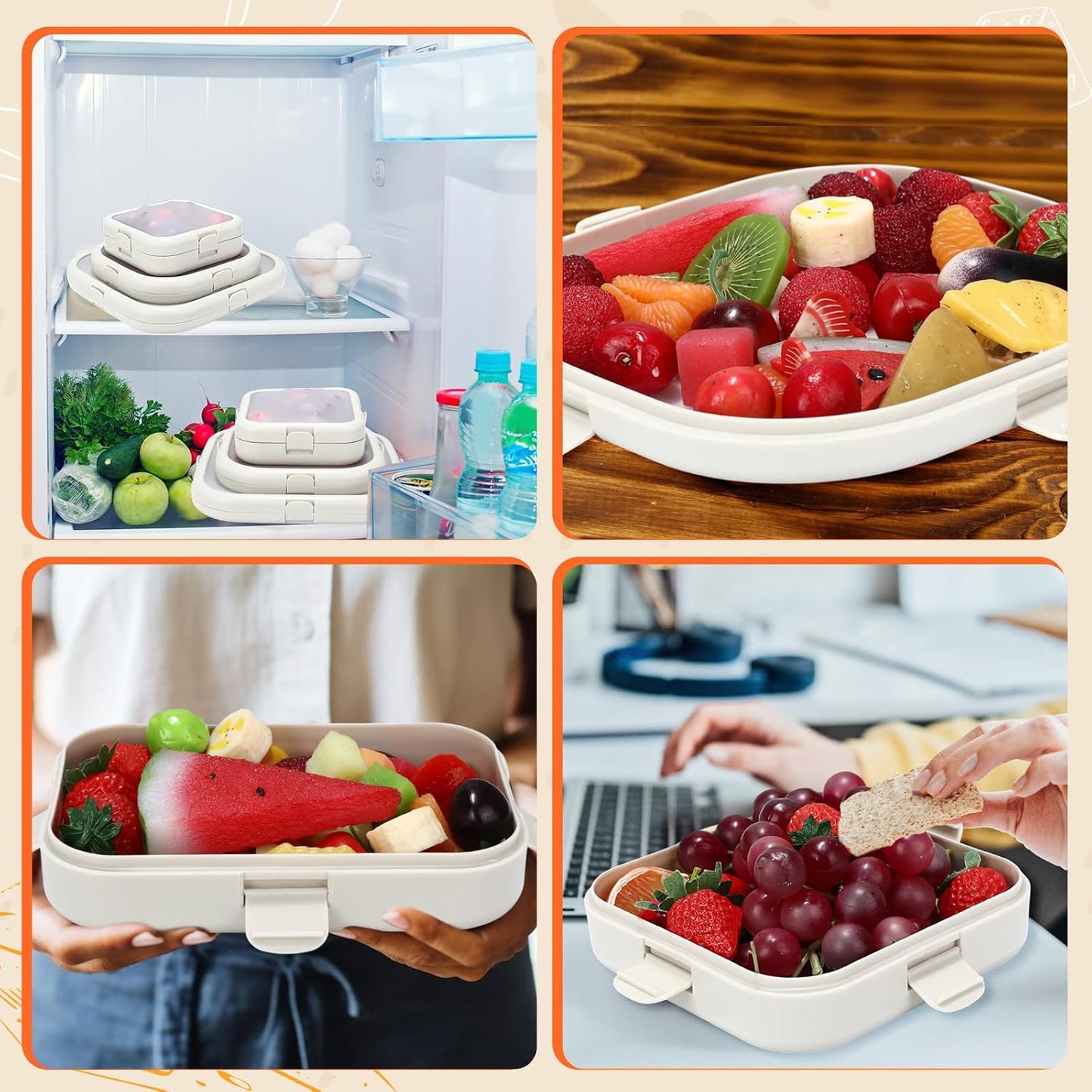 Nuogo 4 Pcs Silicone Food Storage Containers, Fruit Storage Box, Onion Keeper, Avocado Saver, Kitchen Organizers for Fridge, Fresh-keeping Design(Red, White,Orange,7.9 x 7.9 x 1.4 Inches)