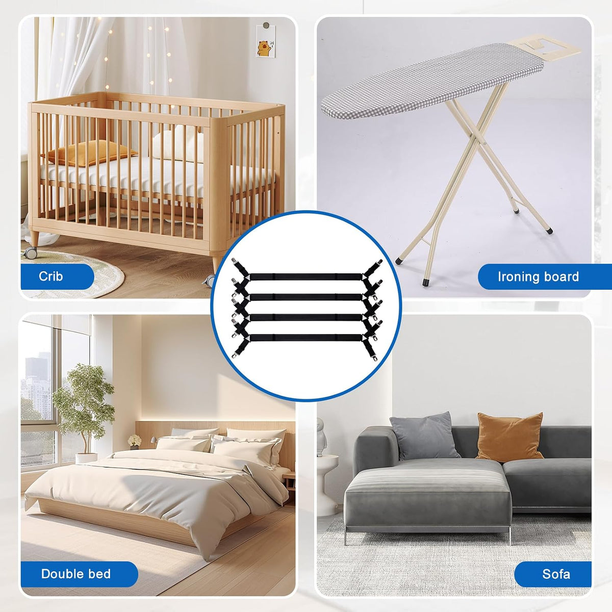 4pcs Bed Sheet Straps with Metal Clips, Sheet Holders Adjustable Elastic,Grippers Upgrade for Crib to King Size Bed Keep Sheets in Place.