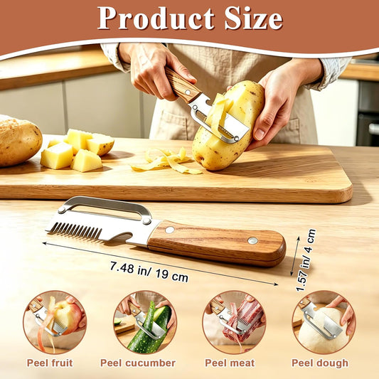 2 Pcs Multi-Functional Vegetable Peeler, Stainless Steel Blade with Wooden Handle, 3-in-1 Fruit Peeler with Bottle Opener and Grater, Kitchen Tool for Apple Potato Pumpkin Fruit Veggie