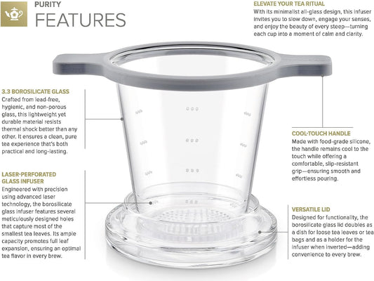 Teabloom Patent-Pending Purity Glass Tea Infuser with Lid – 3.3 Borosilicate, Laser-Perforated Filter, Universal Fit for Cups & Teapots, Toxin-Free Brewing for Whole-Leaf Tea