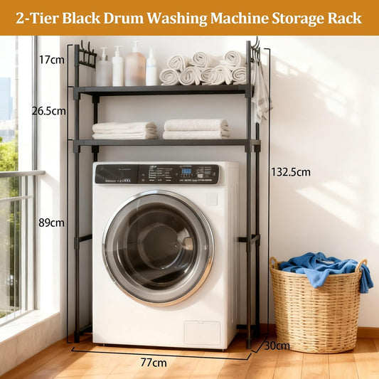 2-Tier Over Washer and Dryer Shelves - Portable Dryer Stand Over Washer with Hooks, Durable Plastic Laundry Organizer for Bathroom/Laundry Room(Black)