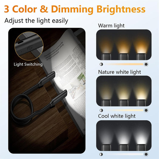 Book Light LED Neck Reading Light,Bendable Rechargeable Book Light for Reading in Bed,Eye Friendly - 3 Colors & 3 Brightness Levels Perfect for Bookworms Kids Crafts Knitting Travel (Black)