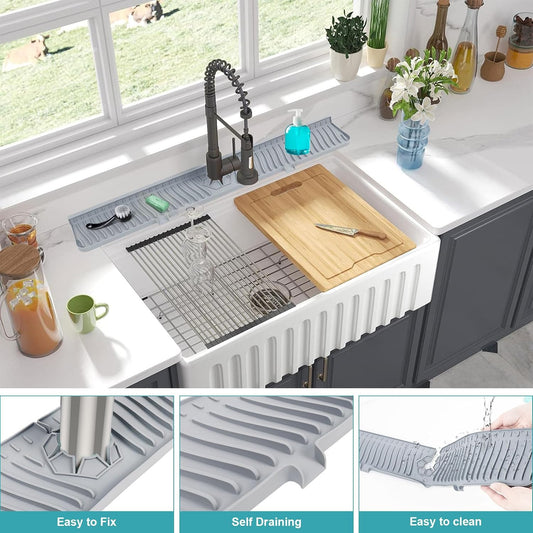 30 Inch Kitchen Sink Splash Guard, Large Size Faucet Mat for Kitchen Sink, Longer Silicone Faucet Handle Drip Catcher Tray for Kitchen Countertop, Bathroom, Farmhouse