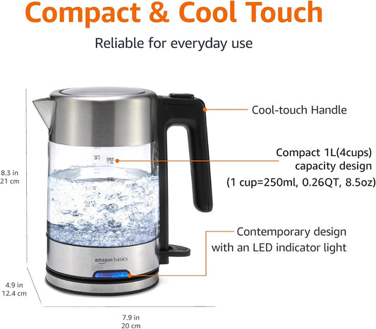 Amazon Basics Electric Kettle with Glass Carafe for Tea and Coffee, Fast Boiling, Auto Shut-Off, Boil-Dry Protection, Temperature Control, Removable Filter, 1 Liter, 1500W, BPA-Free