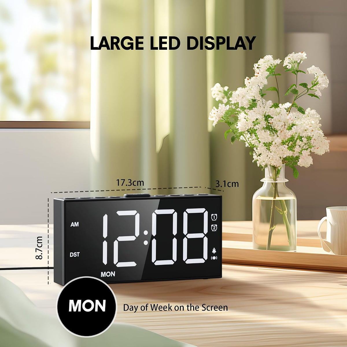 Mesqool Loud Alarm Clock with Bed Shaker & Dual Alarms, USB Port