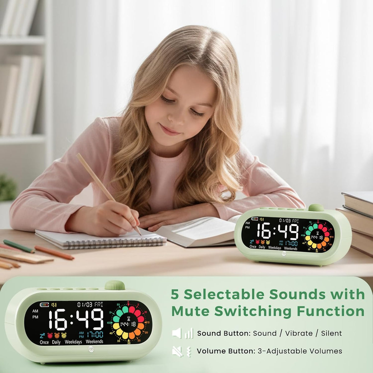 Mooking 3 in 1 Digital Alarm Clock for Bedroom with Visual Timer for Kids