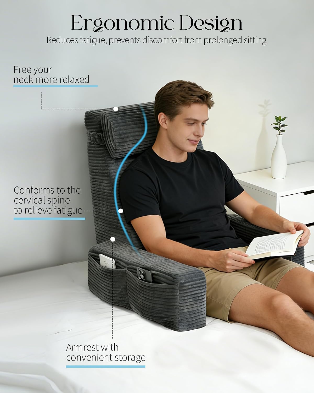 Seniny 22" Reading Pillow for Bed Adult - Back Support Pillow for Sitting Up Rest, Husband Bed Chair and Backrest Pillow with Arms, Lounge Sit Up Pillows for Dorm, Corner, Couch, Study, Watching TV