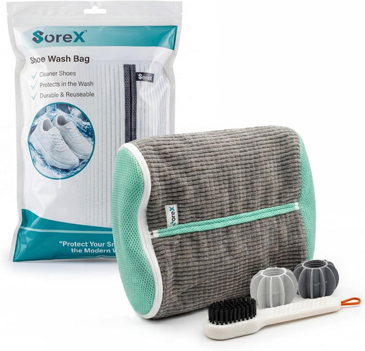 Shoe Washing Machine Bag with Zippered Pocket | Durable Mesh Sneaker Laundry Bag with 2 Laundry Balls & Shoe Washing Brush, Heavy Duty Zipper, No Color Transfer (White)