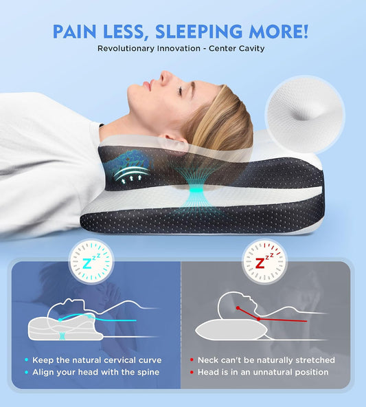 Cervical Pillow for Neck Pain Relief, Hollow Design Odorless Memory Foam Pillows with Cooling Case, Adjustable Orthopedic Bed Pillow for Sleeping, Support for Side Back Sleepers