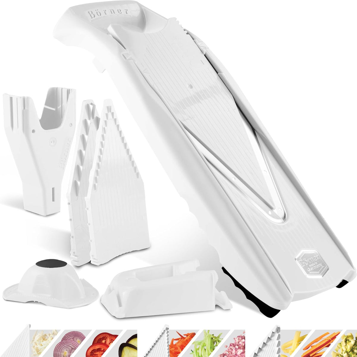 Mandoline Food Slicer Börner V5 (Profi Set) by Reston Lloyd • V-Slicer with 4 Inserts, Docking Station & Food Holder • Made in Germany • Fruit & Vegetable Chopper • Multiple Settings • Color: Lime