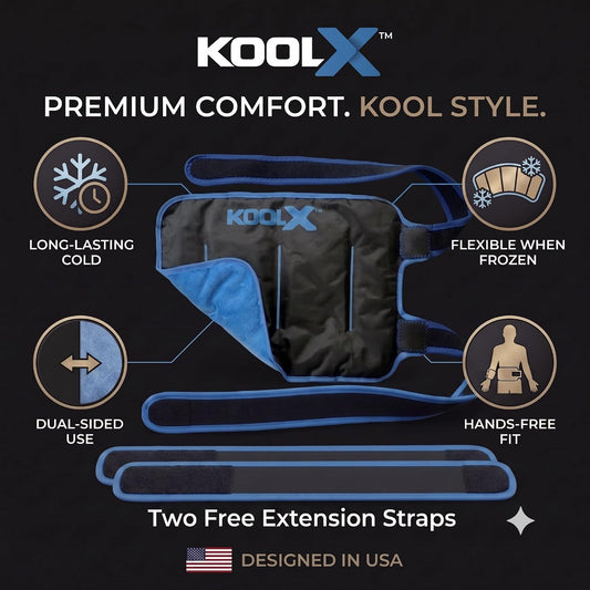 2 Pack KoolX Premium Gel Ice Packs for Injuries Reusable, Flexible Cold Wraps with Straps, Soft Plush & Nylon Sides, Extension Strap, Ice Pack for Knee, Back, Shoulder, Elbow & Calf - Medium + Large