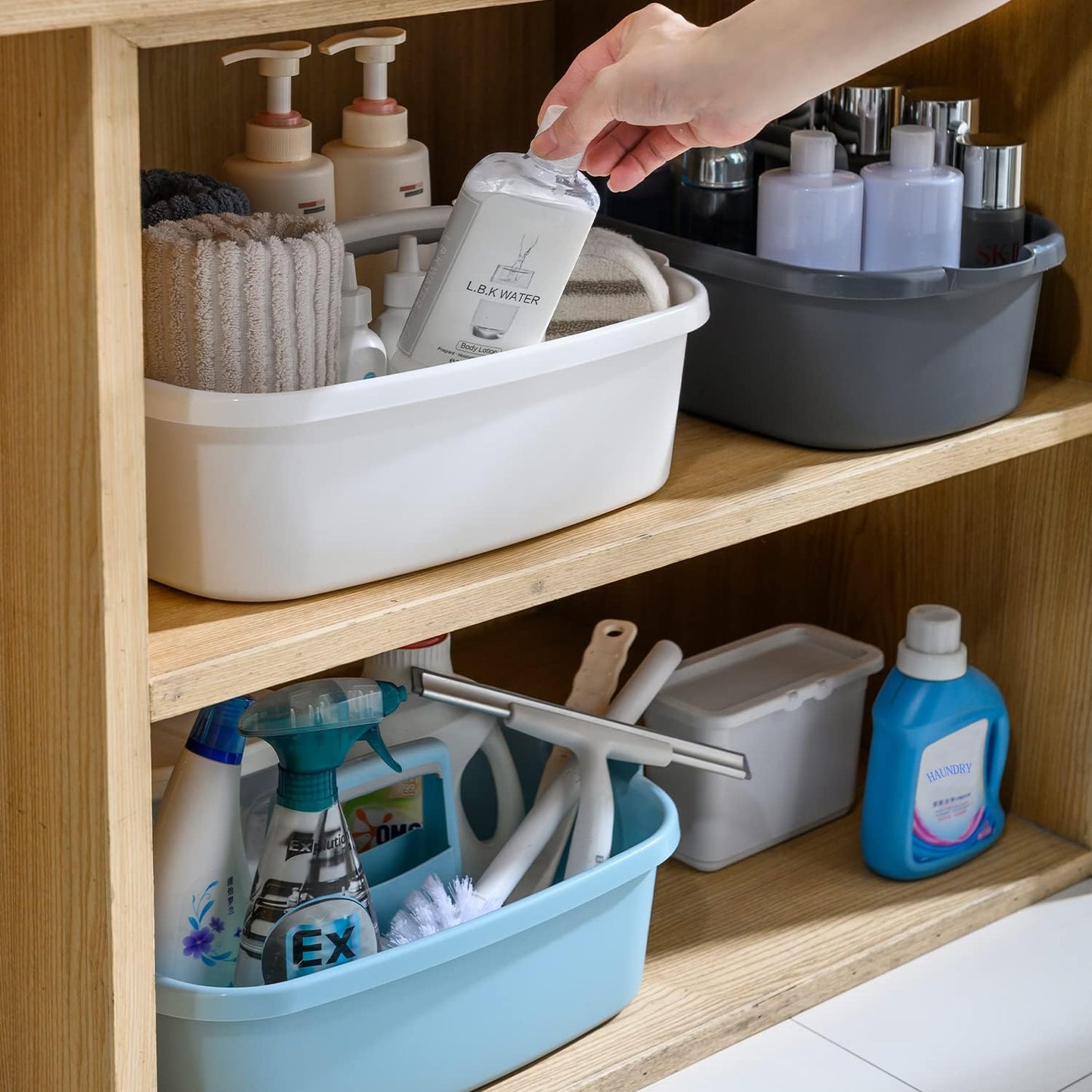 Haundry Large Cleaning Caddy with Handle, Cleaning Tool Storage Basket Organizer, Sturdy Pail Bucket Organizer, Household Bucket for Cleaning Supplies - Clear
