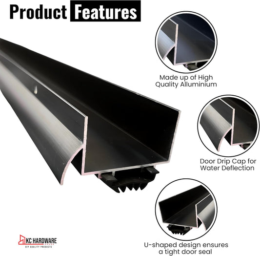 U Shaped Aluminum Door Bottom Sweep with Drip Cap, Draft Stopper for Bottom of Door, Weather Stripping Seal for Exterior and Interior Doors, 1 3/4" Width, Black (36 Inch)