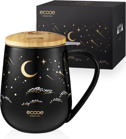 ecooe Tea Infuser Mug 20.3oz Ceramic Tea Cup with Removable Stainless Steel Infuser and Lid, 600ml Tea Mug for Loose Leaf Tea Coffee Milk, Gifts for Women Parents Friends Office Home (Black) | 600ML Large Capacity, with Stainless Steel Infuser/Lid, for