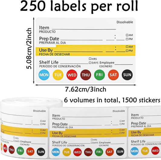 1500pcs Dissolvable Label 2x3in Food Rotation Stickers | 2×3" / 5×7.6cm, easy-to-read format Strong adhesive, sticks to plastic, glass & metal Perfect for restaurants, cafés, kitchen