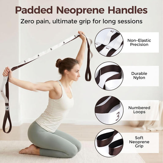 Stretching Strap with Loops - Non-Elastic Heavy Duty Nylon Yoga & PT - Oversized Multi-Loop Home Rehab - Hamstring Shoulder Pilates Flexibility