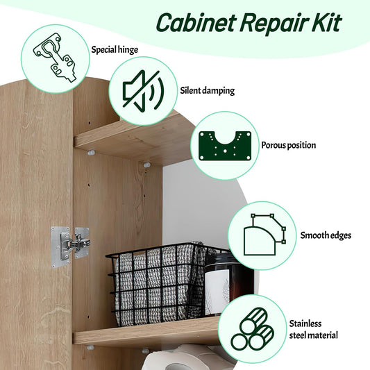 2 Pcs Cabinet Door Hinges, Cabinet Hinge Repair Plate Kit Fix Loose Sagging Cabinet Doors,Hinge Repair Plates for All Home Cabinets,Door Repair Kit Include(4 Repair Panels+2 Hinges+26 Screws) (1)