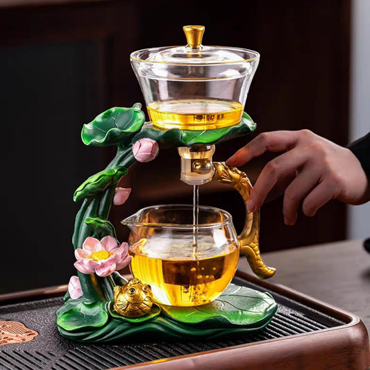 Glass Teapot with Infuser Chinese Gongfu Tea Set,6 cups,Magnetic Semi Automatic Design for Loose Leaf Tea