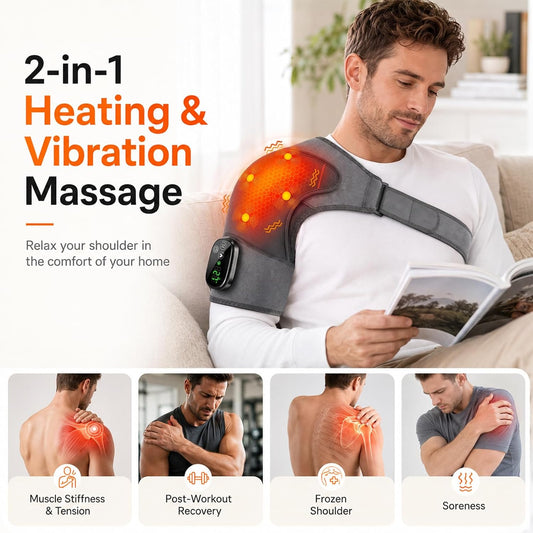 Cordless Shoulder Heating Pad with Massage, Portable Heated Shoulder Massage Wrap Pain Relief Deep Tissue for Men Women