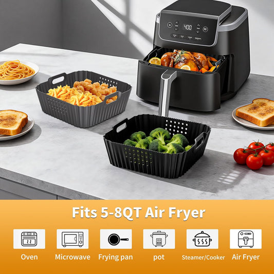 HOMELYLIFE Air Fryer Silicone Liners for Ninja AF141 AF142 5QT & AF181 6.5 QT AirFryer, Air Fryer Accessories for Cosori 5QT/6QT, 2 Pcs 9in Reusable Square Liners for Instant 6Qt &Other 5-8QT AirFryer