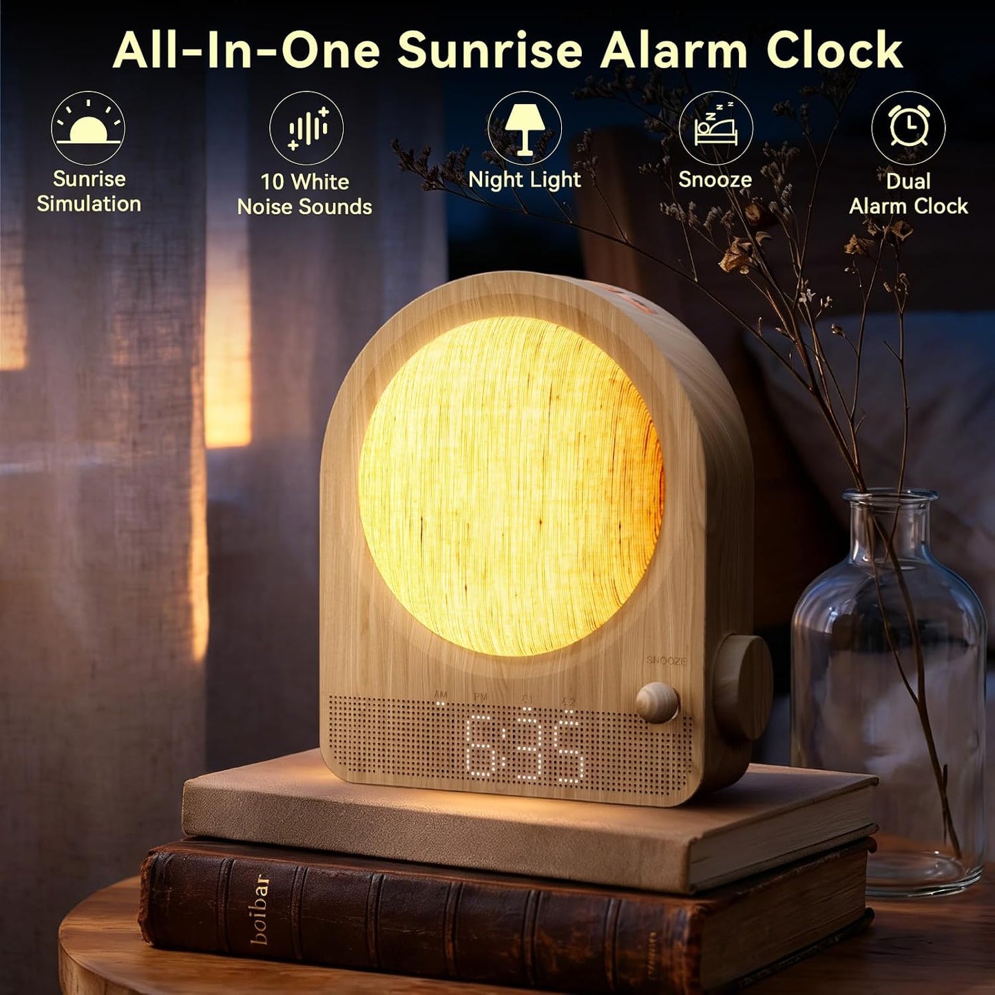 Vivilumens Gradual Sunrise Alarm Clock & White Noise Sound Machine for Better Sleep - Wood Grain Design, Wake-Up Light, Night Light, 10 Natural Sounds, Dual Alarms for Heavy Sleepers