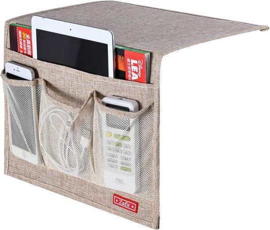 Zafit Linen 4 Pockets Bedside Caddy, Bedside Storage Organizer for Magazine, Remotes, Phone (Beige, Classic 4 Pockets)
