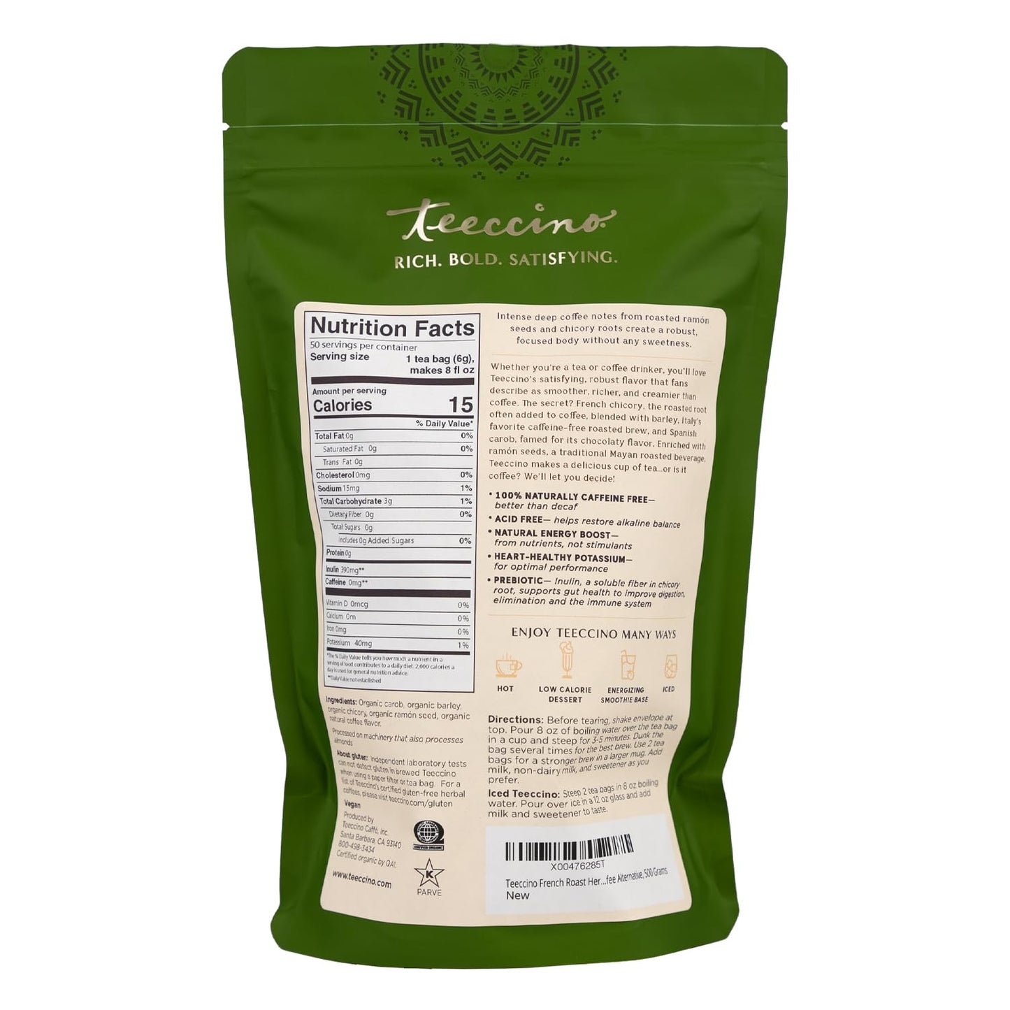 Teeccino Herbal Tea Sampler Assortment - 12 Tea Bags - Maca Chocolaté, French Roast, Hazelnut, Vanilla Nut - Roasted Caffeine Free Herbal Tea, Prebiotic for Natural Energy