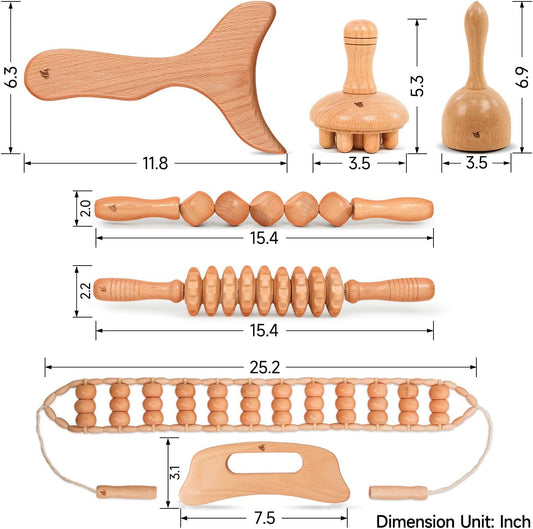 Wooden Massage Tool Set, 7-Piece Body Massage Kit for Home Use, Manual Included