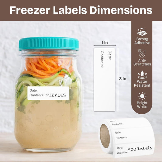 Freezer Labels 500pcs 1 x 3 in, Waterproof Easy Peel | Removable, Oil & water resistant, no residue, write-on surface, for freezer bags, jars, containers, meal prep & kitchen use