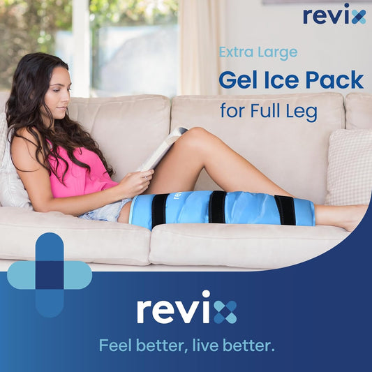 REVIX Full Leg Ice Pack Wrap for Knee, Hip & Thigh, Reusable Cold Gel Wrap | Full-leg Coverage with 3 Straps for Men & Women, Supports Knee Replacement Recovery, Swelling & Post-Workout Soreness, Navy