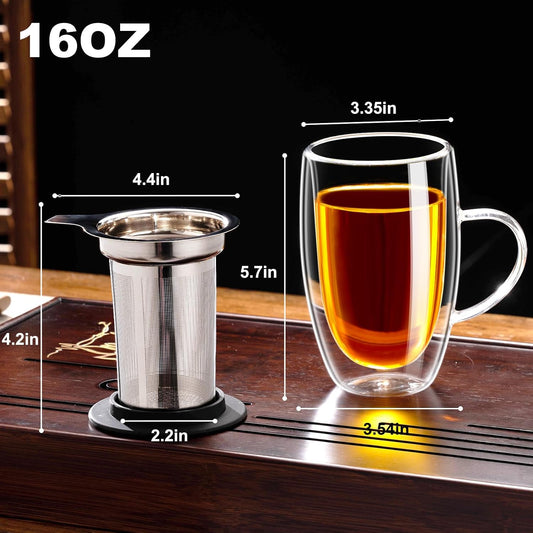 Baalaka Tea Infuser Mug, 16 fl oz Double-Wall Glass for Loose Leaf Tea | Fine 18/8 stainless steel filter and lid brew loose leaf, herbal or blooming teas; double-wall glass reduces heat transfer