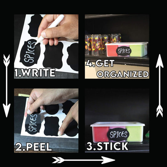Mantah Chalkboard Label Stickers 96pcs - 9 Assorted Shapes in 3 Sizes with 2 White Chalk Marker, Reusable Waterproof Label for Storage Bin, Food Container, Jars, Containers
