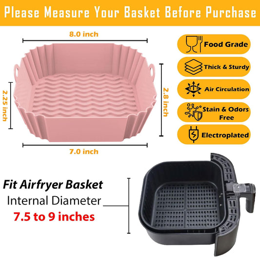 8 Inch Square Silicone Air Fryer Liners (2 Pack) Pink & Grey Reusable Non-Stick Inserts with Handles for Mess-Free Cooking & Heat Resistance – For Airfryer Ninja COSORI Instant Vortex & More