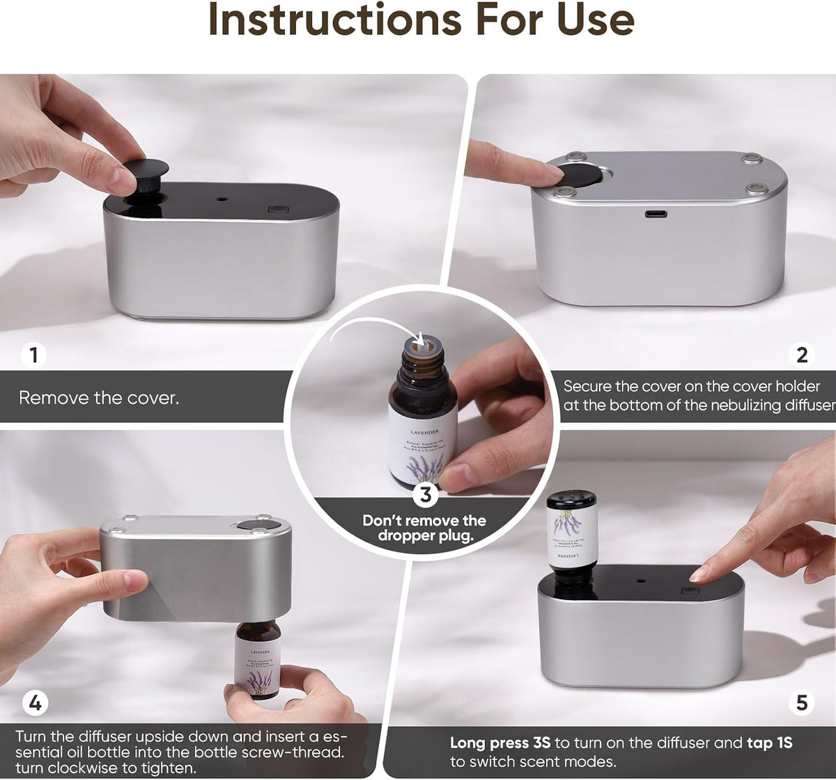 Lecdura Waterless Diffuser for Essential Oil, Battery Operated Scent Air Aromatherapy Diffuser, Mini Aroma Diffusers with 3 Intermittent Mist Modes, Cycle Start for 400-700 sq.ft Home Office Bedroom.