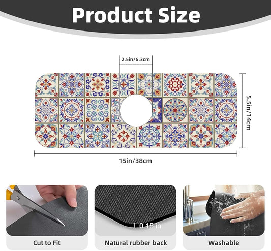 Aquamarine Blue Mexican Tiles Faucet Splash Guard Mat for Kitchen Sink 15x5.5" - Colors B