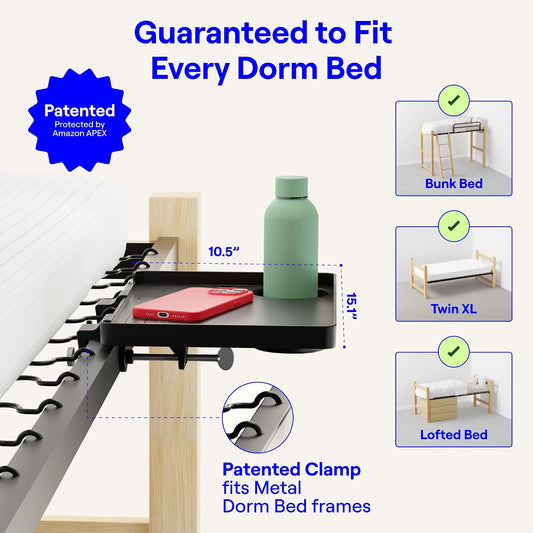 BedShelfie Bedside Shelf for Dorm Room - Dorm Essential 2.0, Black | Bunk Bed & Top Bunk, College Dorm Room Essentials, Bedside Caddy, Clip on Floating Tray, Bed Side Table, Loft Nightstand