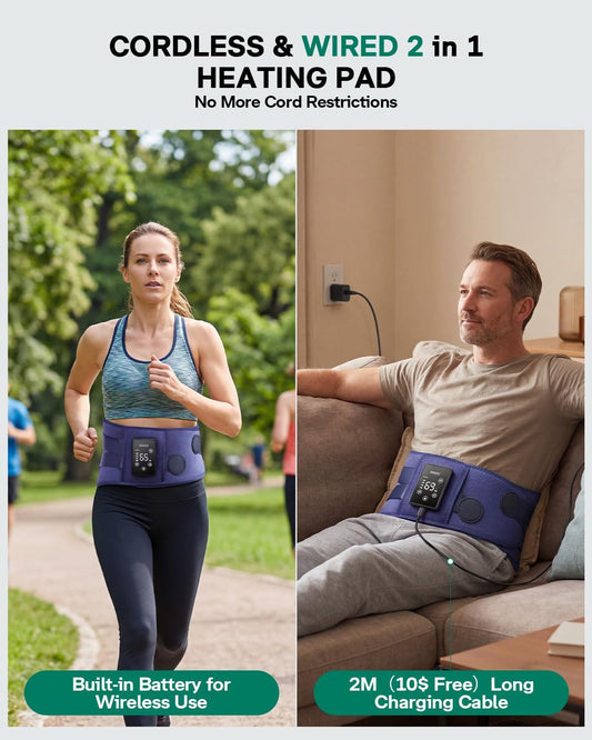 Cordless Heating Pad for Back, 2-in-1 Wired & Wireless Lower Back Massager with Heat, Rechargeable Wearable Heating Pad for Back Pain Relief Sciatica Lumbar Gifts for Father Men Women Mom