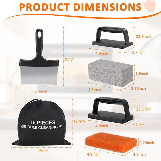 Griddle Cleaning Kit for Blackstone,15 Pieces Flat Top Grill Cleaning Kit with Grill Scraper, Griddle Bricks and Brush Easy to Remove Stain,Griddle Accessories Cleaner Tool Set with Storage Bag
