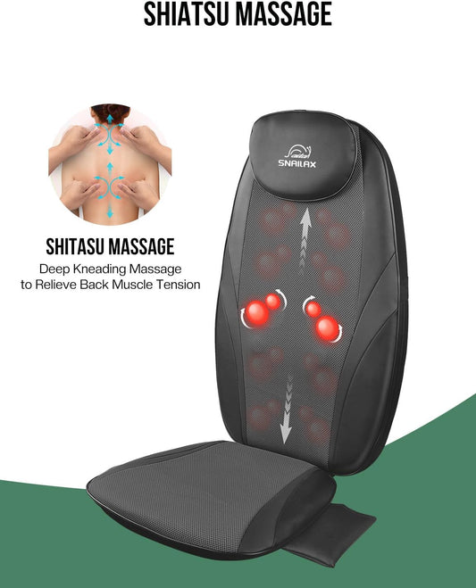 Snailax Shiatsu Back Massager with Heat, Deep Kneading Massage Chair Pad for Neck, Shoulders, Full Back & Waist, Adjustable Roller Massage Seat Cushion for Home Office, Pain Relief, Gift for Men Women