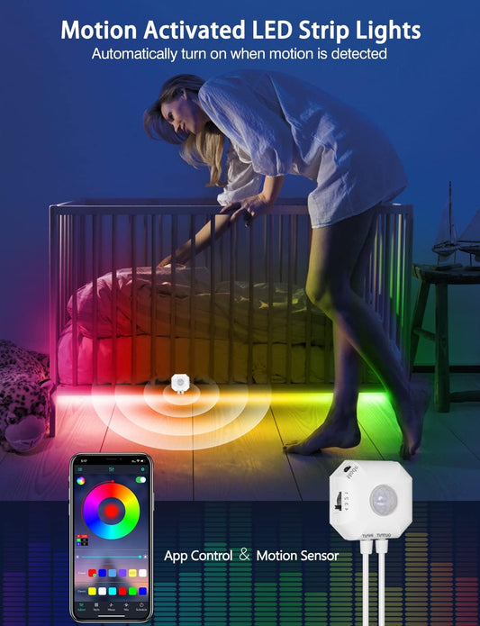 Daymeet Motion Sensor LED Strip Lights, 16.4ft RGB Motion Activated Under Bed Lights with Automatic Shut Off Timer App Control Cabinet Night Light Closet Lights for Hallway, Kitchen,Bedroom