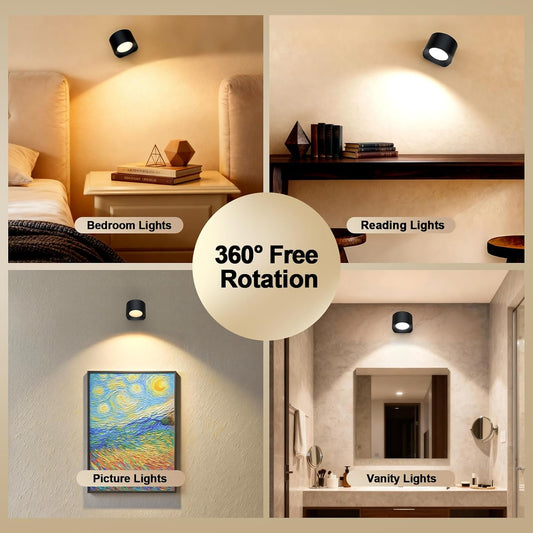 LED Wall Mounted Lights, Rechargeable Battery Operated Wall Sconces Lamp 3 Colors Temps & Remote and Touch, 360°Rotation Dimmable Wall Lights for Study Bedroom Reading Bedside