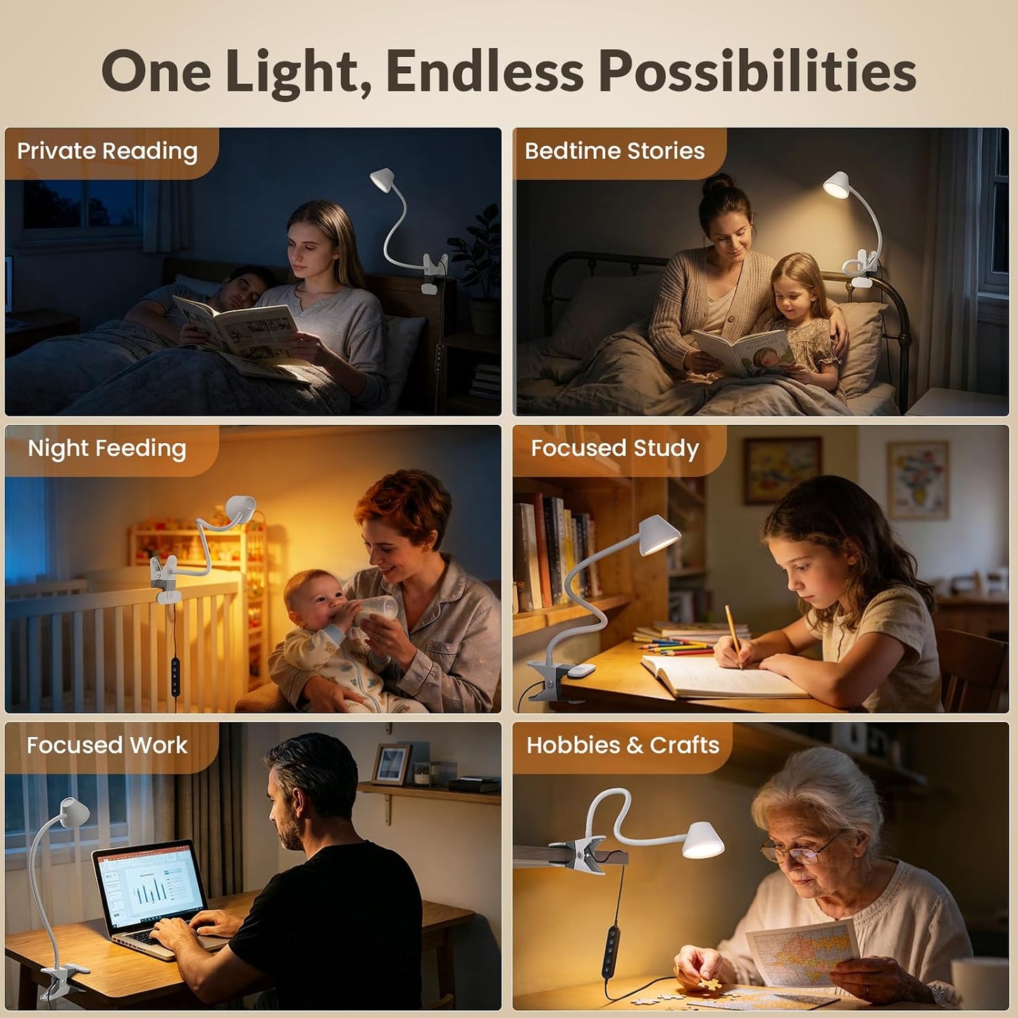 LEPOWER Clip on Light, Reading Lights for Books in Bed, 400LM, RG0 Eye-Care | 5 Colors & Stepless Dimming, Amber Glow Light & Auto Timer, Up to 2.3" Strong Clamp with Adapter for Headboard, Bedside, Desk