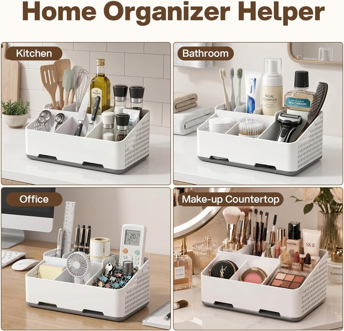 Cleangor Countertop Bathroom Organizer, Toothbrush Holder with Drainage | Vents, Cord Hole for Multi-grid Electric Toothbrush Charger, Family Bathroom Use