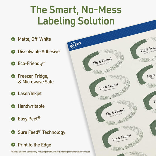 Avery Dissolvable Oval Labels, Sure Feed Technology, 1-1/8" x 2-1/4", Matte White, Print-to-The-Edge, Laser/Inkjet Printable, 105 Labels Total