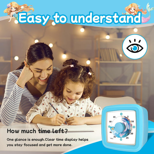 Kids Visual Timer 60 Minute – Countdown Clock for Homework, Kitchen Timer for Cooking, Silent Mini Timer with Cute Mermaid Shell Pattern, Gift Timers for Kids Focus & Daily Routines, Purple