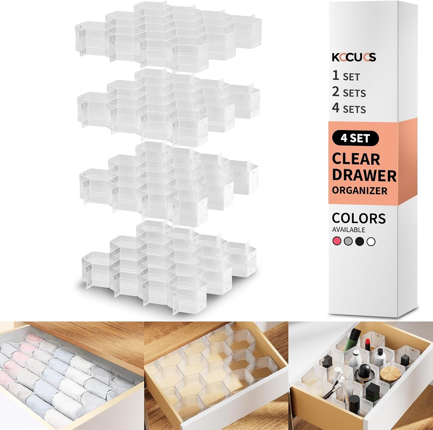 Honeycomb Separator Adjustable Drawer Organizer Divider for Underwear Belt-Scarf Socks Organizer (White(2pcs))