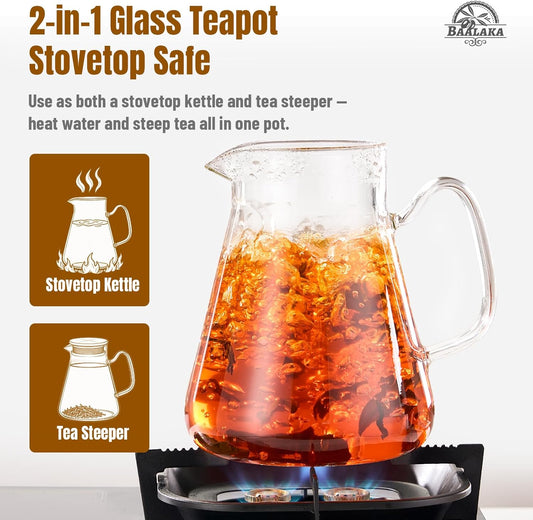 Baalaka Glass Teapot with Infuser, Stovetop Glass Tea Kettle, 33oz/1000ml | One-touch borosilicate loose leaf tea steeper with removable steel filter lid; glass body works in microwave and dishwasher